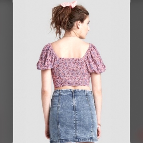 3/15 Wild Fable Pink Floral Puff Sleeve Crop Top Tied Front - Picture 3 of 4